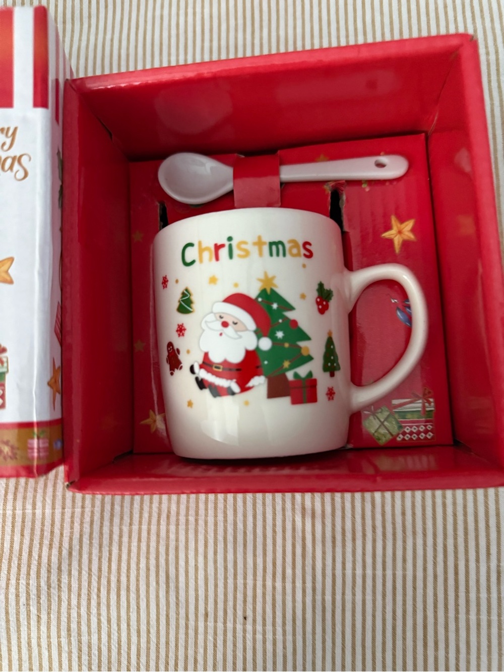 Holiday Christmas Santa Mug with Spoon - White & Red